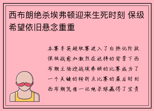 西布朗绝杀埃弗顿迎来生死时刻 保级希望依旧悬念重重